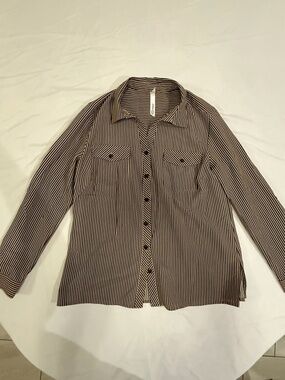 Collection Petite PM Striped Button Up Shirt Tan Black